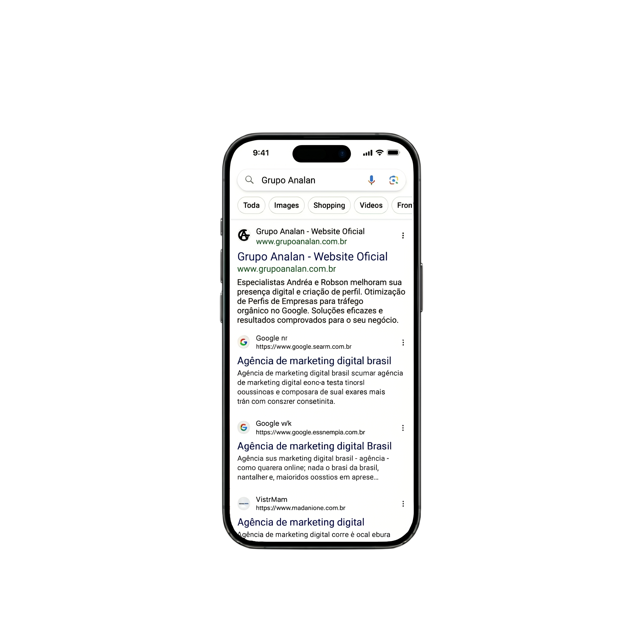 Celular exibindo uma busca no Google com resultados de empresas no topo